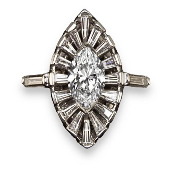- 1.96ct VINTAGE MARQUISE CUT H SI1 DIAMOND CERTIFIED RETRO OVAL COCKTAIL RING - - Picture 2 of 11